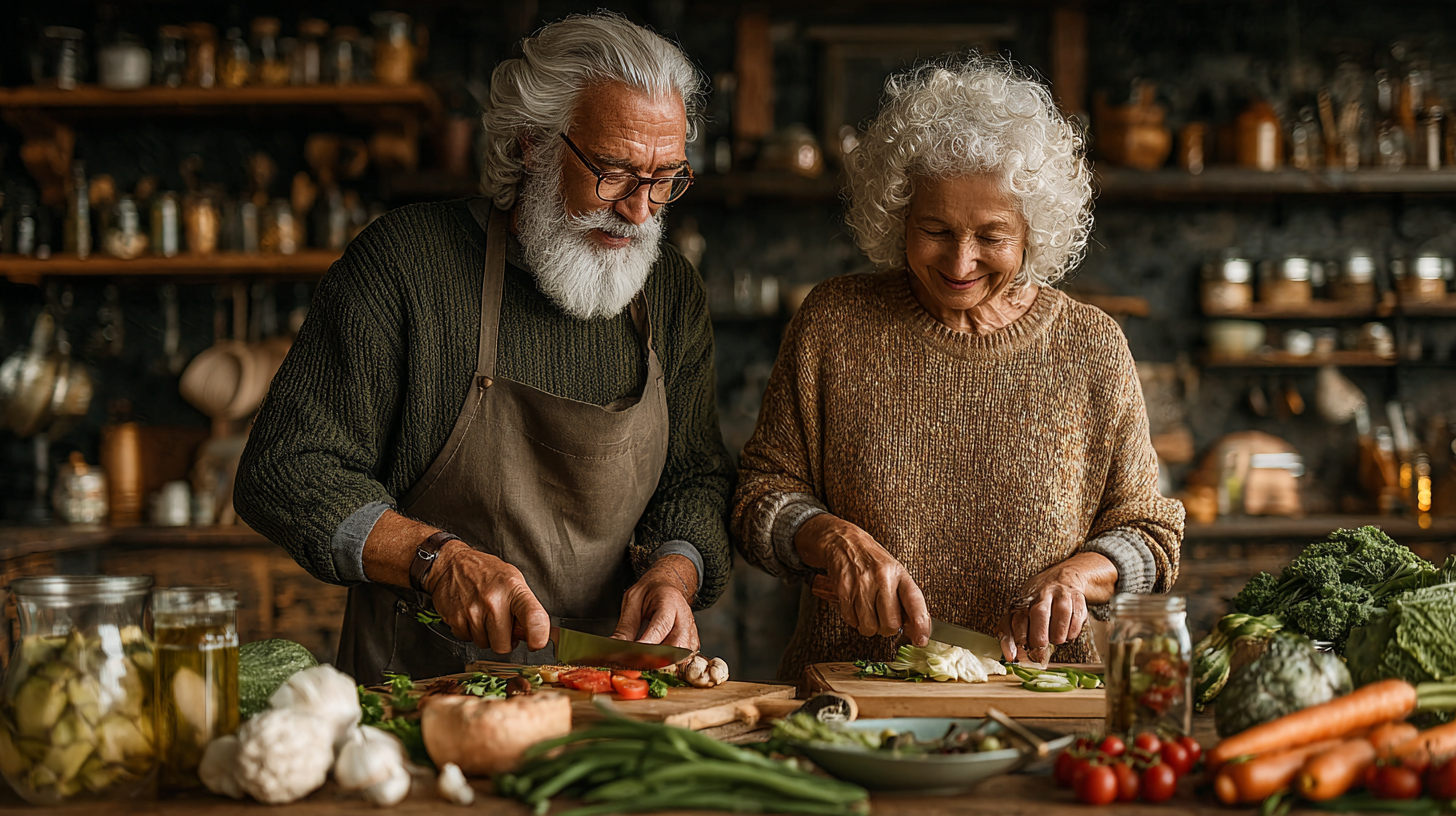 Старша пара готує здорову їжу разом